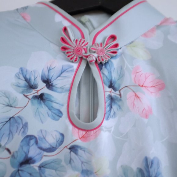 COPY - Satin Mandarin collar Cheongsam floral dress cool tone size L - Picture 6 of 9